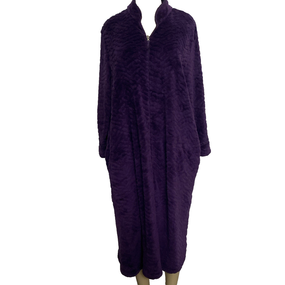 Oscar de la Renta Purple Plush Fleece Robe Zip Up Fluffy Front Pockets L XL
